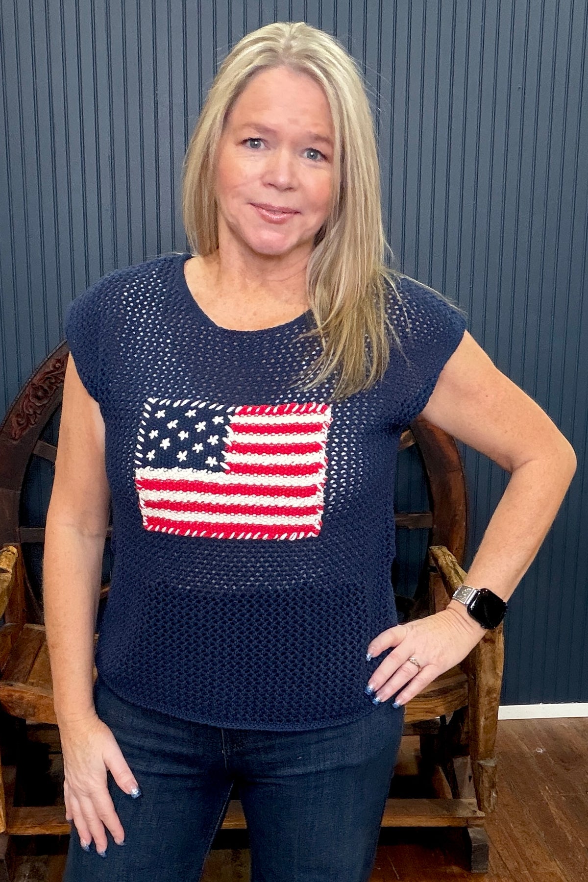 All-American Knit Tank Navy-Tank-ee:some-Gallop 'n Glitz- Women's Western Wear Boutique, Located in Grants Pass, Oregon