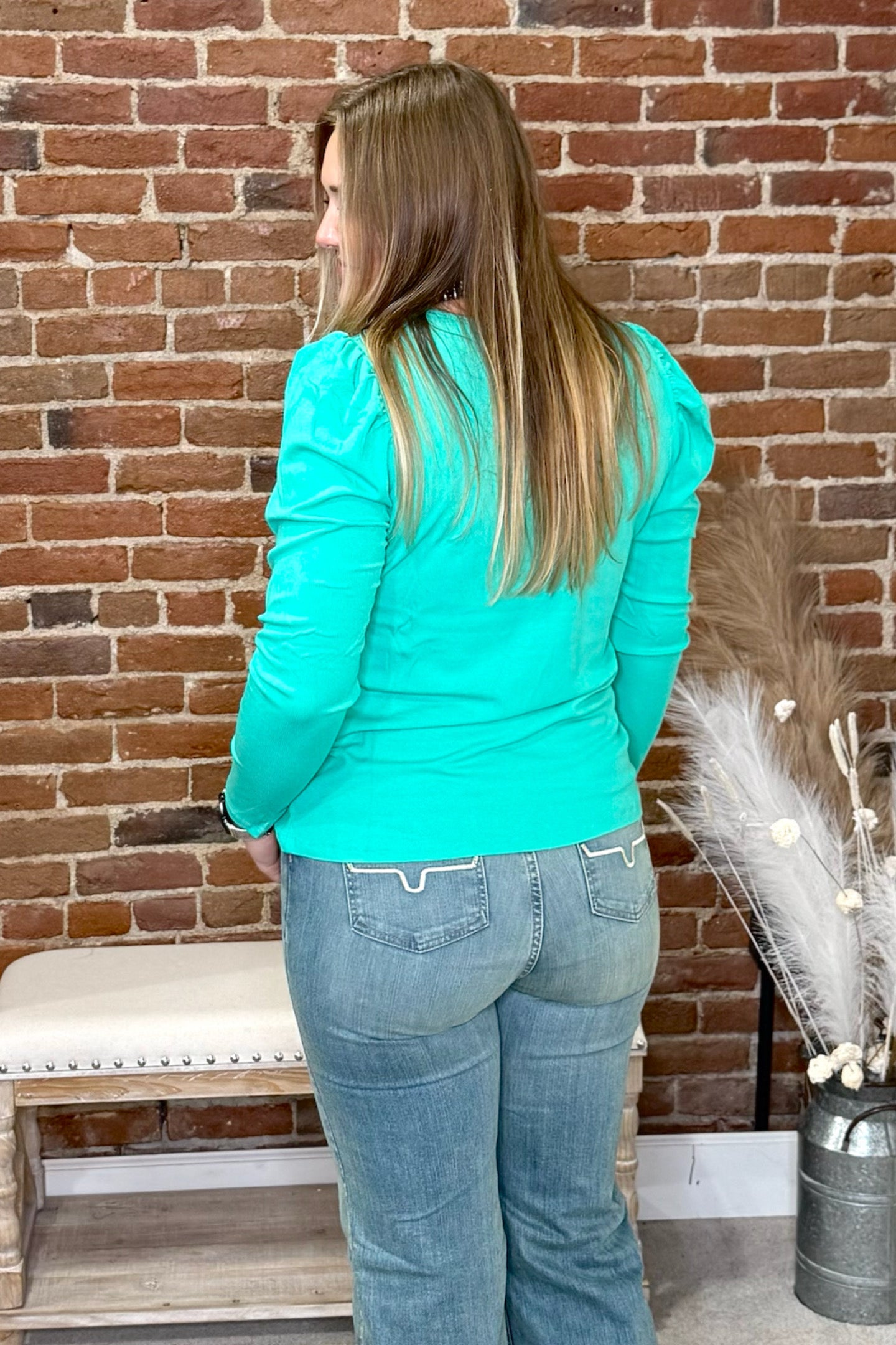 Something Classy Turquoise Bubble Sleeve Top-Top-Sterling Kreek-Gallop 'n Glitz- Women's Western Wear Boutique, Located in Grants Pass, Oregon