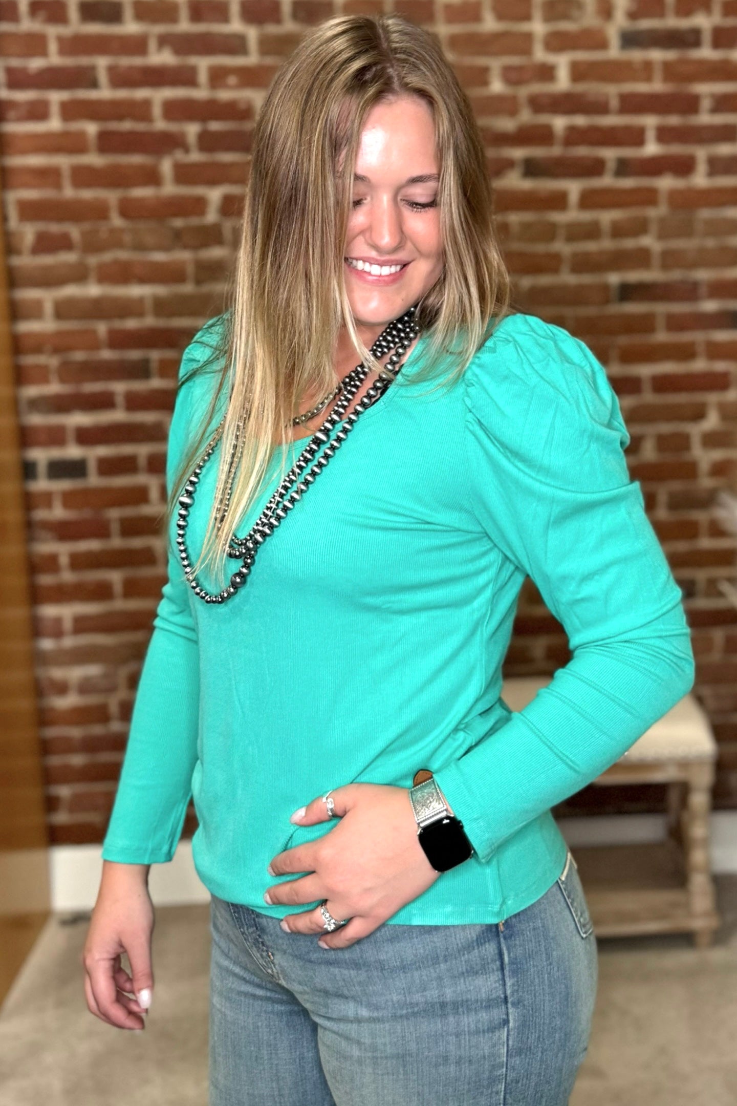 Something Classy Turquoise Bubble Sleeve Top-Top-Sterling Kreek-Gallop 'n Glitz- Women's Western Wear Boutique, Located in Grants Pass, Oregon