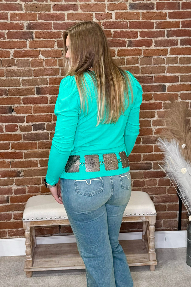 Something Classy Turquoise Bubble Sleeve Top-Top-Sterling Kreek-Gallop 'n Glitz- Women's Western Wear Boutique, Located in Grants Pass, Oregon