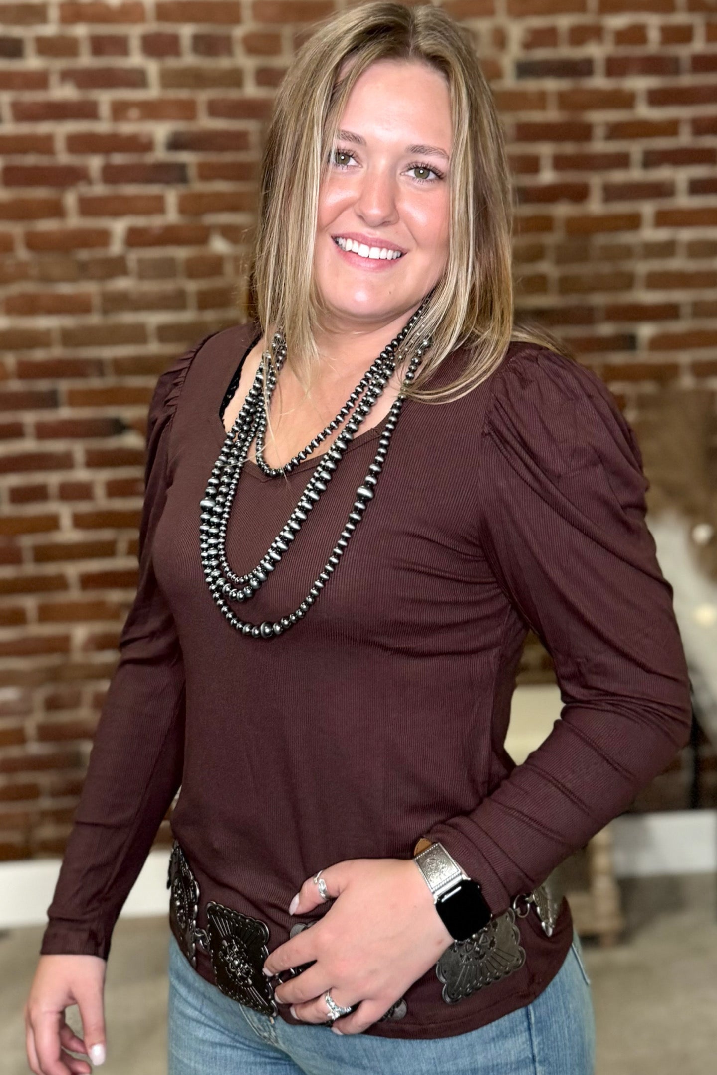 Something Classy Brown Bubble Sleeve Top-Top-Sterling Kreek-Gallop 'n Glitz- Women's Western Wear Boutique, Located in Grants Pass, Oregon