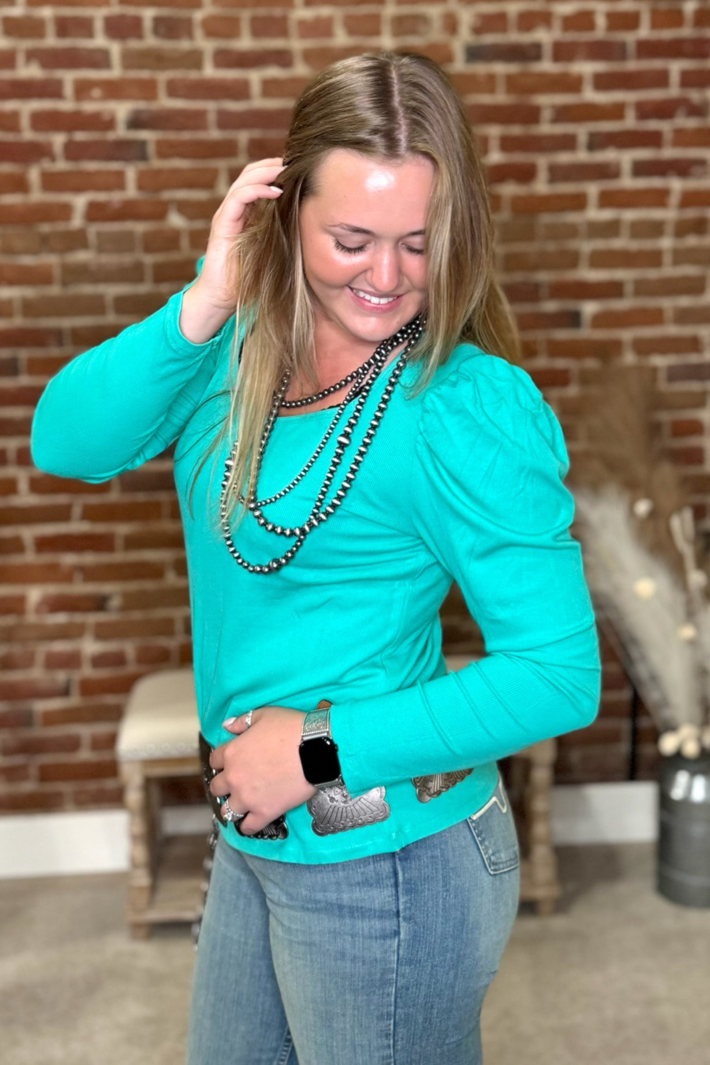 Something Classy Turquoise Bubble Sleeve Top-Top-Sterling Kreek-Gallop 'n Glitz- Women's Western Wear Boutique, Located in Grants Pass, Oregon