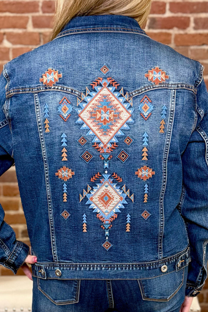 Denim Aztec Design Jacket by Grace in LA-Jacket-Grace in LA-Gallop 'n Glitz- Women's Western Wear Boutique, Located in Grants Pass, Oregon