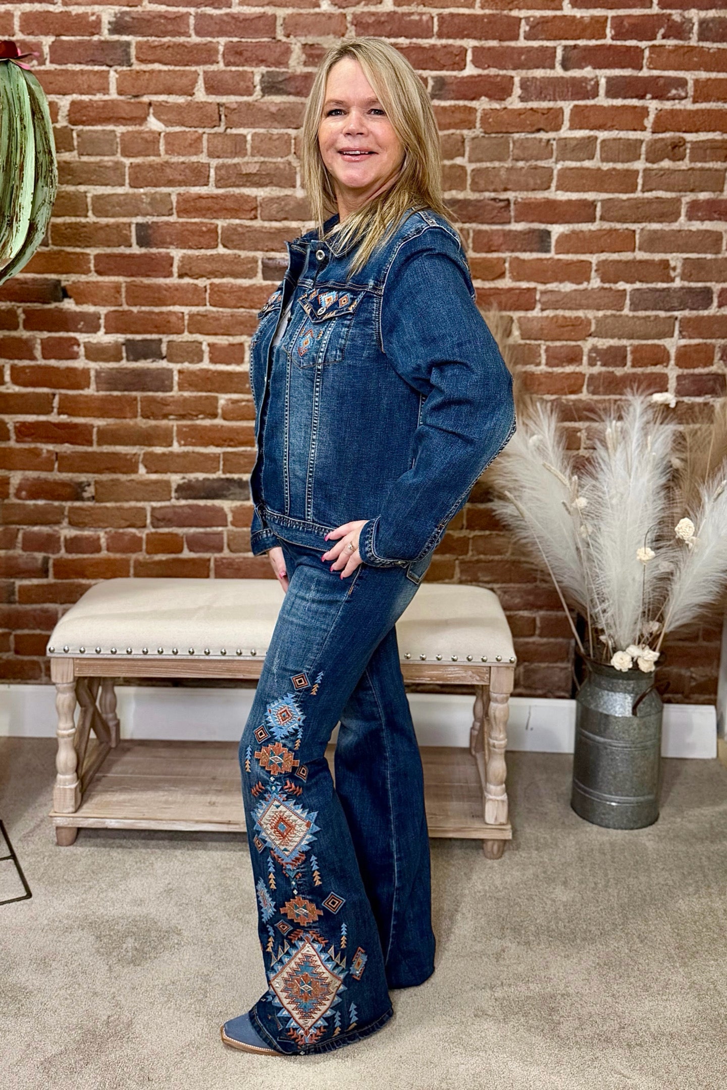 Denim Aztec Design Jacket by Grace in LA-Jacket-Grace in LA-Gallop 'n Glitz- Women's Western Wear Boutique, Located in Grants Pass, Oregon