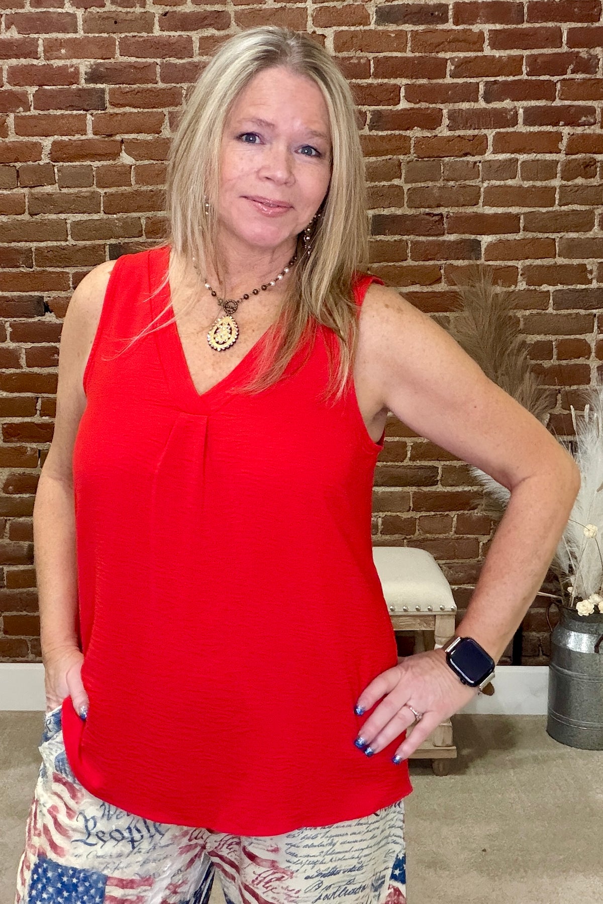 Red Sleeveless Blouse-Top-ee:some-Gallop 'n Glitz- Women's Western Wear Boutique, Located in Grants Pass, Oregon