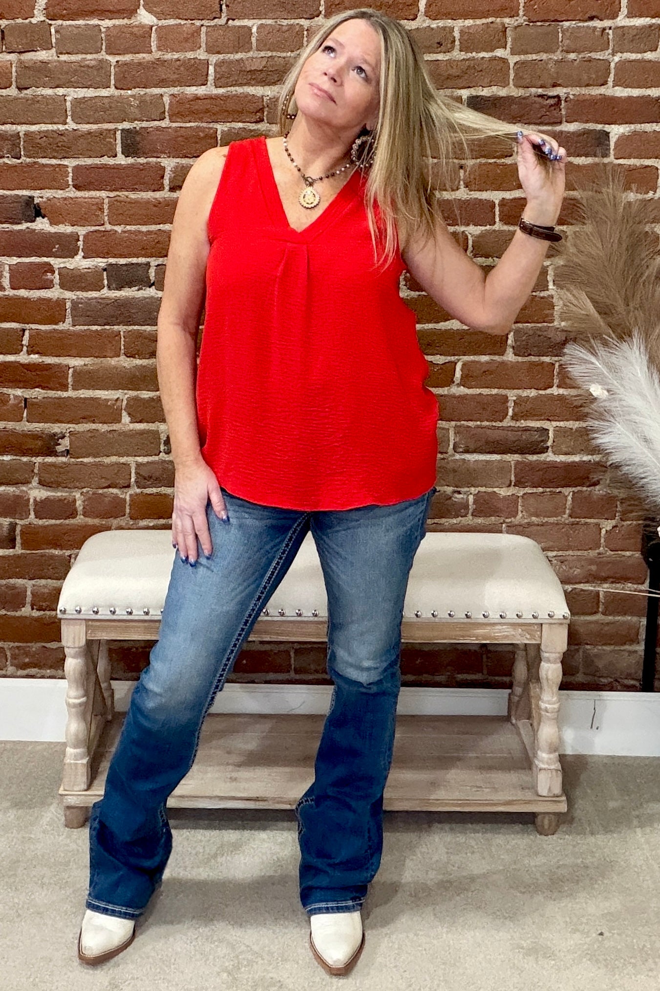 Red Sleeveless Blouse-Top-ee:some-Gallop 'n Glitz- Women's Western Wear Boutique, Located in Grants Pass, Oregon