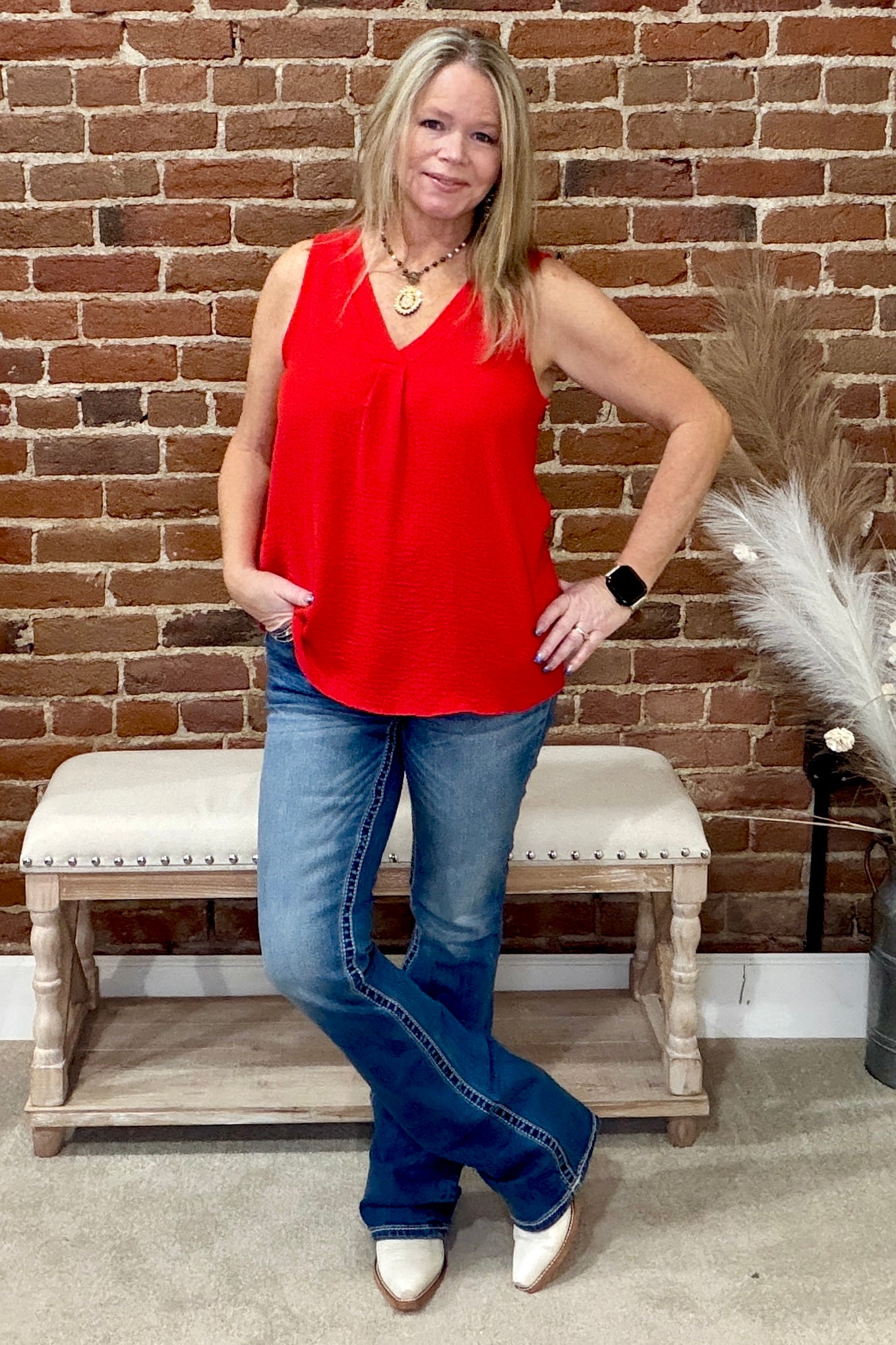 Red Sleeveless Blouse-Top-ee:some-Gallop 'n Glitz- Women's Western Wear Boutique, Located in Grants Pass, Oregon