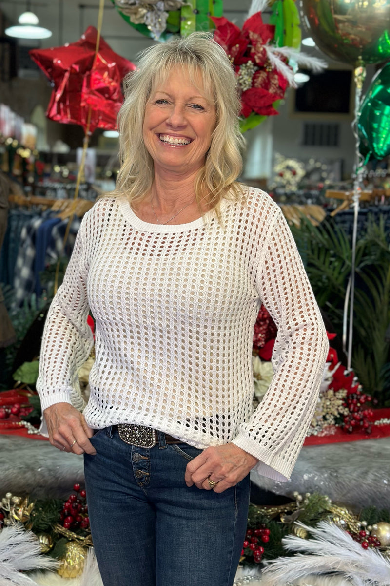 Hollow Out Long Sleeve Mesh Sweater - Ivory-Door Buster-Zenana-Gallop 'n Glitz- Women's Western Wear Boutique, Located in Grants Pass, Oregon