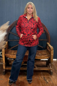 Tailgate Party Red Quarter Zip Pullover-Sweater-Sterling Kreek-Gallop 'n Glitz- Women's Western Wear Boutique, Located in Grants Pass, Oregon