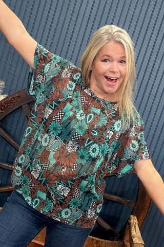 Tattoos In Turquoise Mesh Top-Mesh Top-Sterling Kreek-Gallop 'n Glitz- Women's Western Wear Boutique, Located in Grants Pass, Oregon