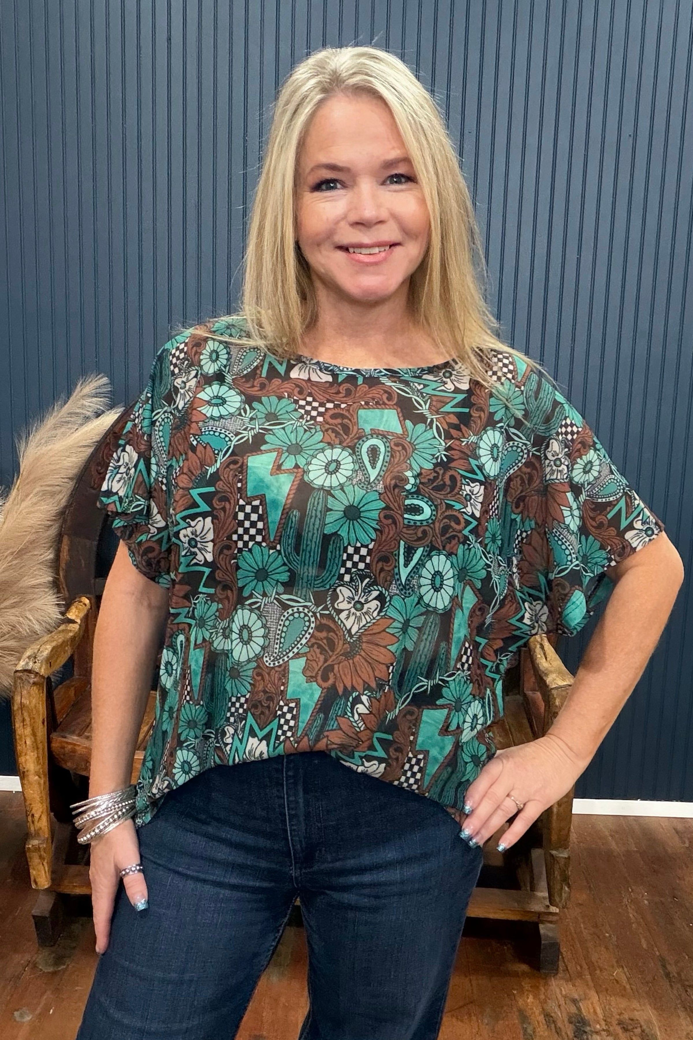Tattoos In Turquoise Mesh Top-Mesh Top-Sterling Kreek-Gallop 'n Glitz- Women's Western Wear Boutique, Located in Grants Pass, Oregon