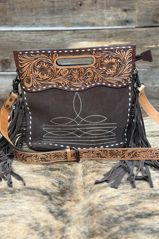 Cross body Bag With Tooling and Fringe