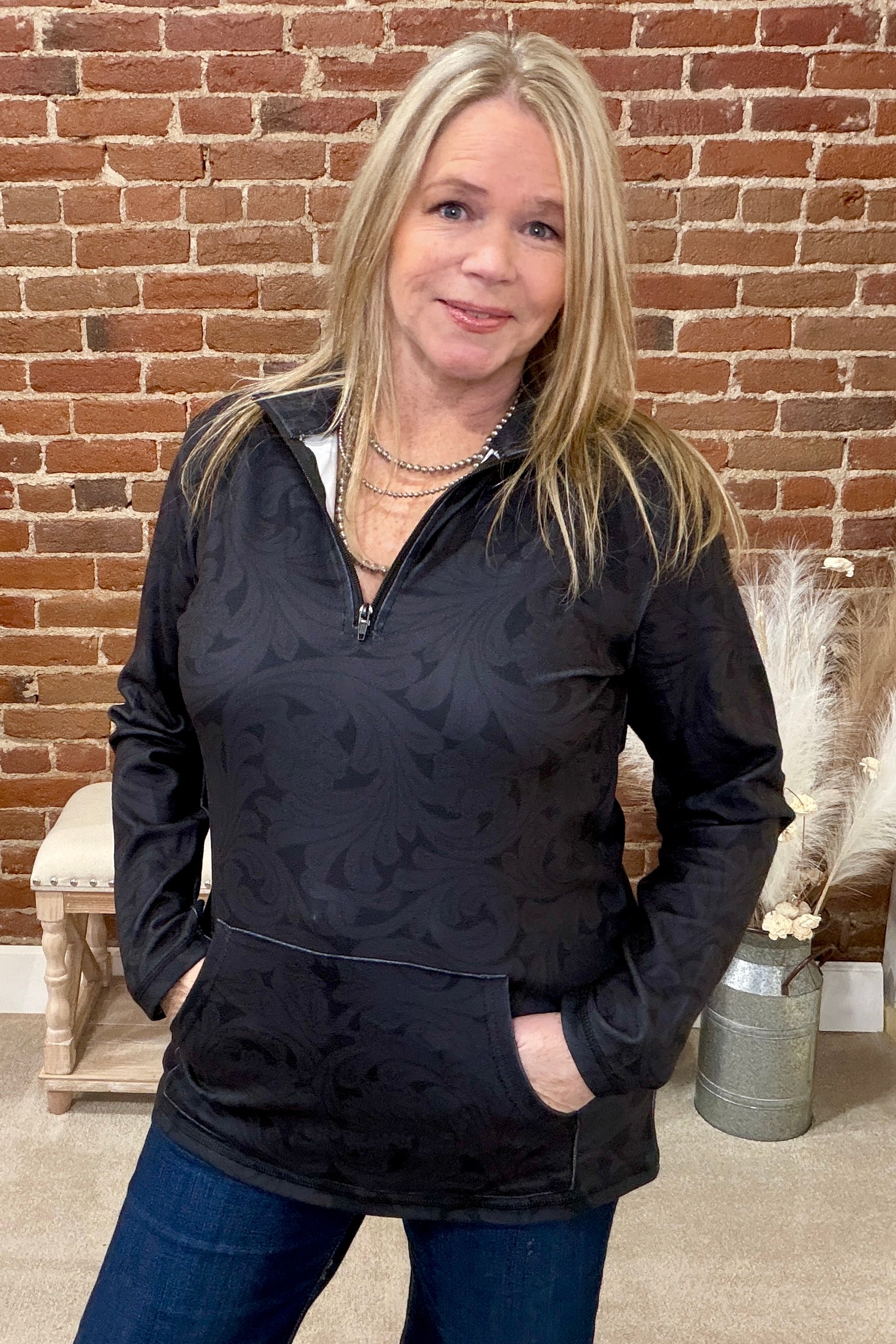 Tooled in Black Quarter Zip Pullover-Sweater-Sterling Kreek-Gallop 'n Glitz- Women's Western Wear Boutique, Located in Grants Pass, Oregon