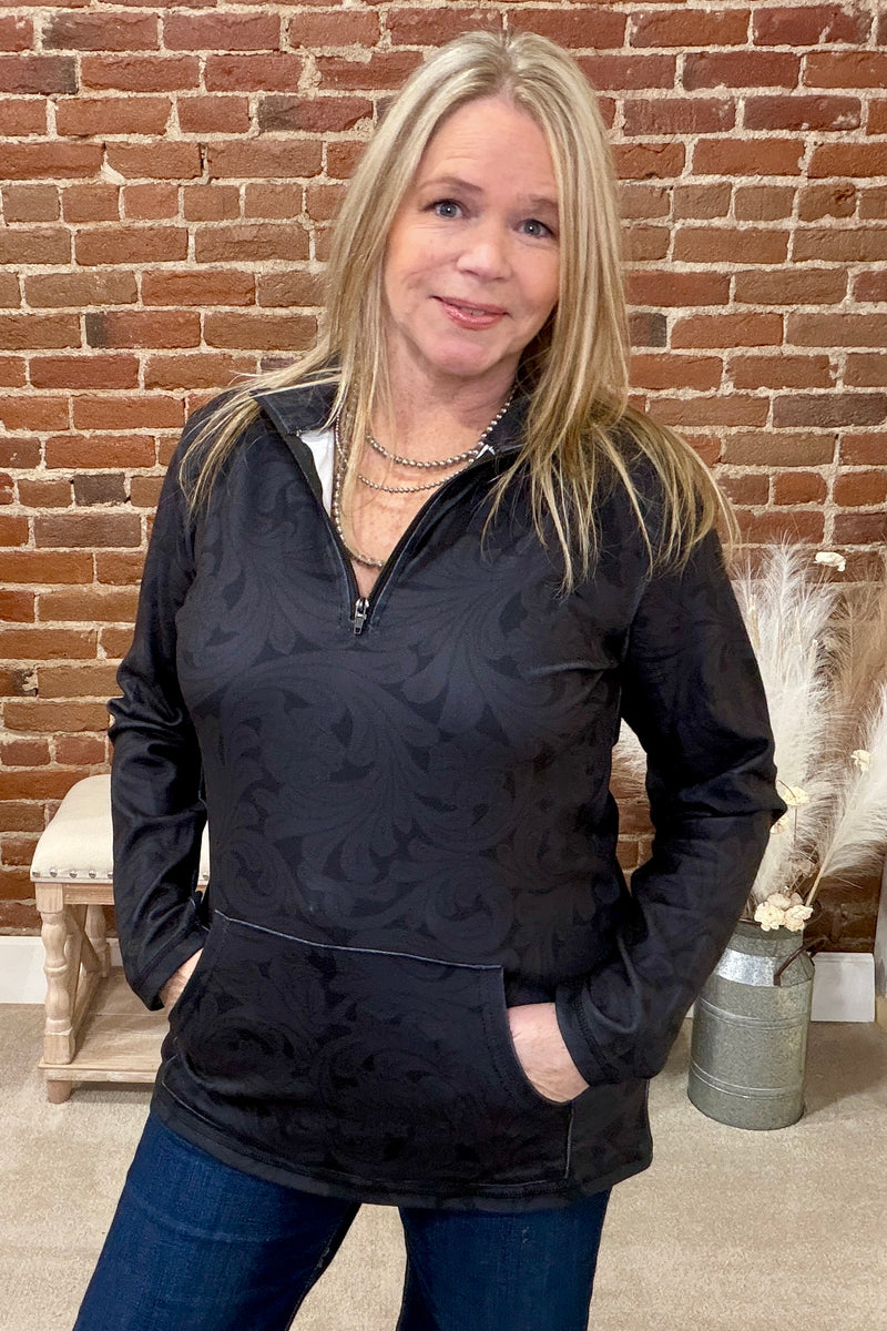 Tooled in Black Quarter Zip Pullover-Sweater-Sterling Kreek-Gallop 'n Glitz- Women's Western Wear Boutique, Located in Grants Pass, Oregon