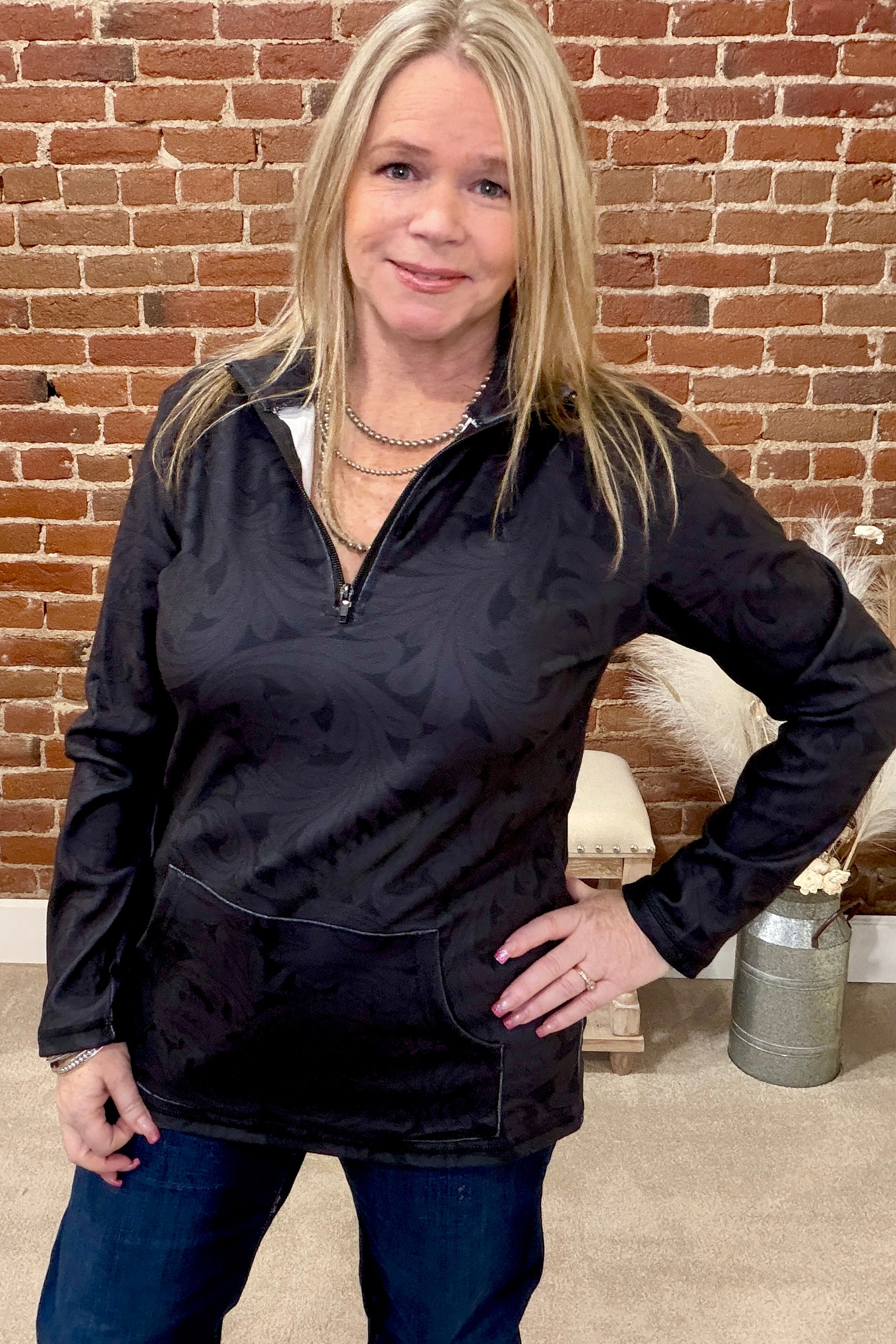 Tooled in Black Quarter Zip Pullover-Sweater-Sterling Kreek-Gallop 'n Glitz- Women's Western Wear Boutique, Located in Grants Pass, Oregon