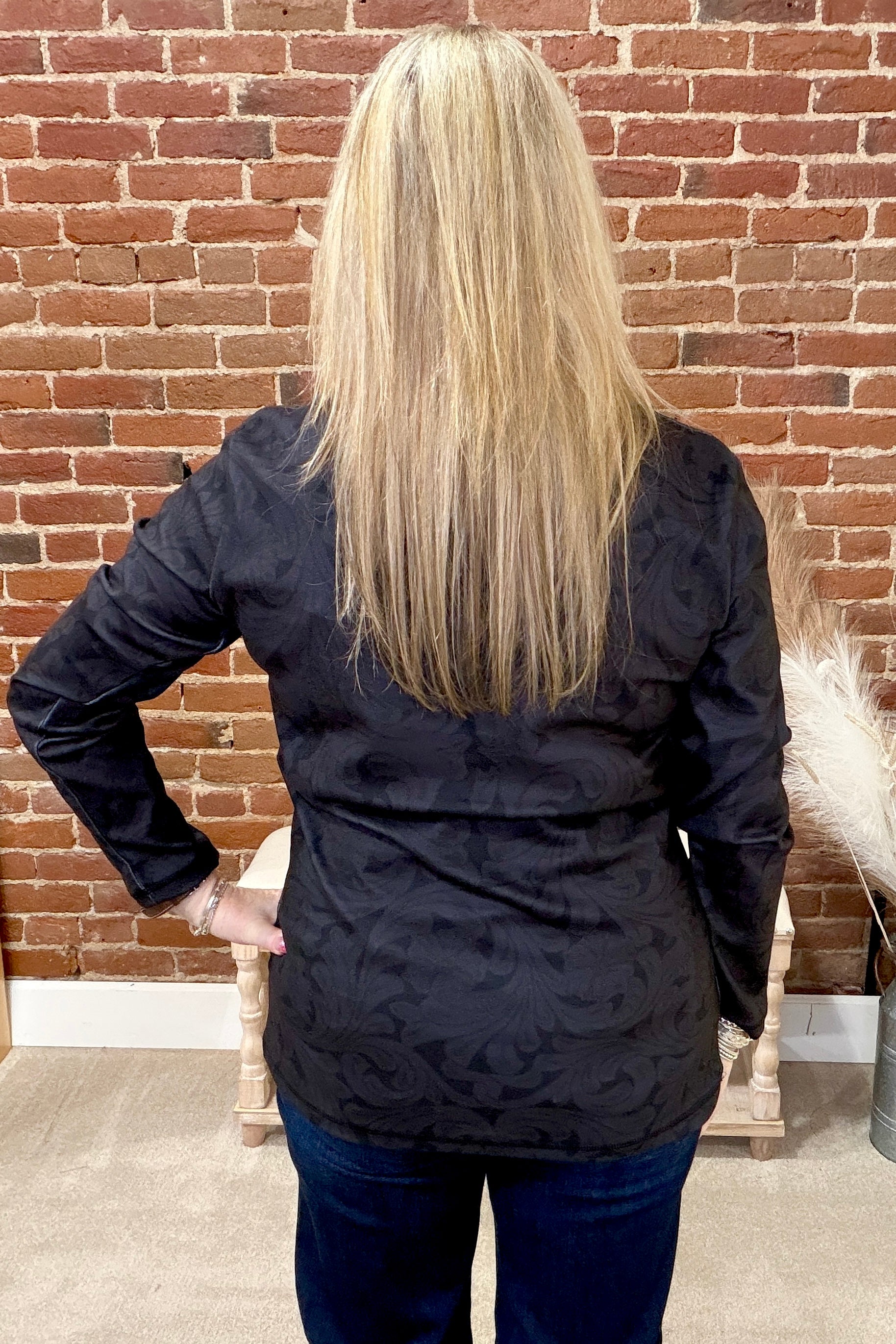 Tooled in Black Quarter Zip Pullover-Sweater-Sterling Kreek-Gallop 'n Glitz- Women's Western Wear Boutique, Located in Grants Pass, Oregon