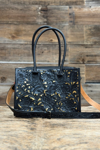 Floral Scrolled Leather Tote Bag
