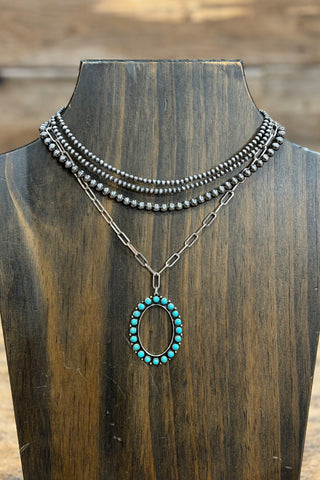 Turquoise Oval Drop on Beaded Necklace-Jewelry-Pink Panache-Gallop 'n Glitz- Women's Western Wear Boutique, Located in Grants Pass, Oregon