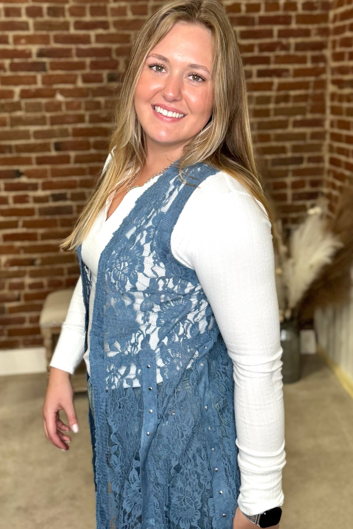 Blue Lace Knit Vest with Silver Studs-vest-Vocal-Gallop 'n Glitz- Women's Western Wear Boutique, Located in Grants Pass, Oregon