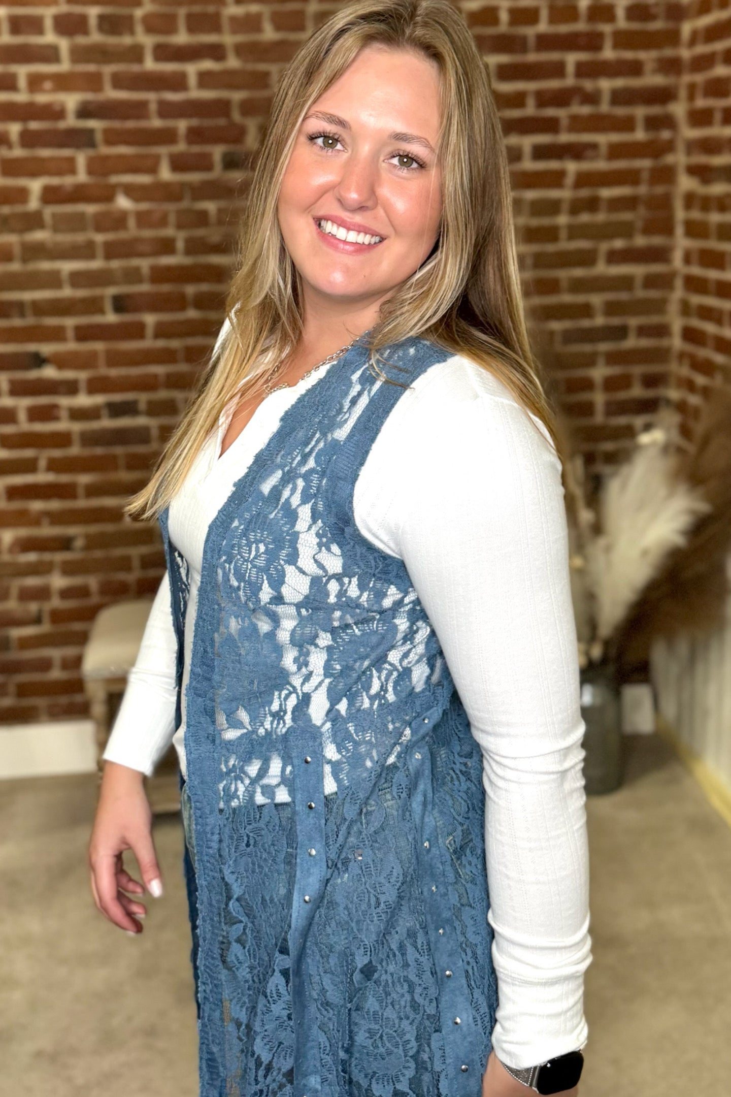 Blue Lace Knit Vest with Silver Studs-vest-Vocal-Gallop 'n Glitz- Women's Western Wear Boutique, Located in Grants Pass, Oregon