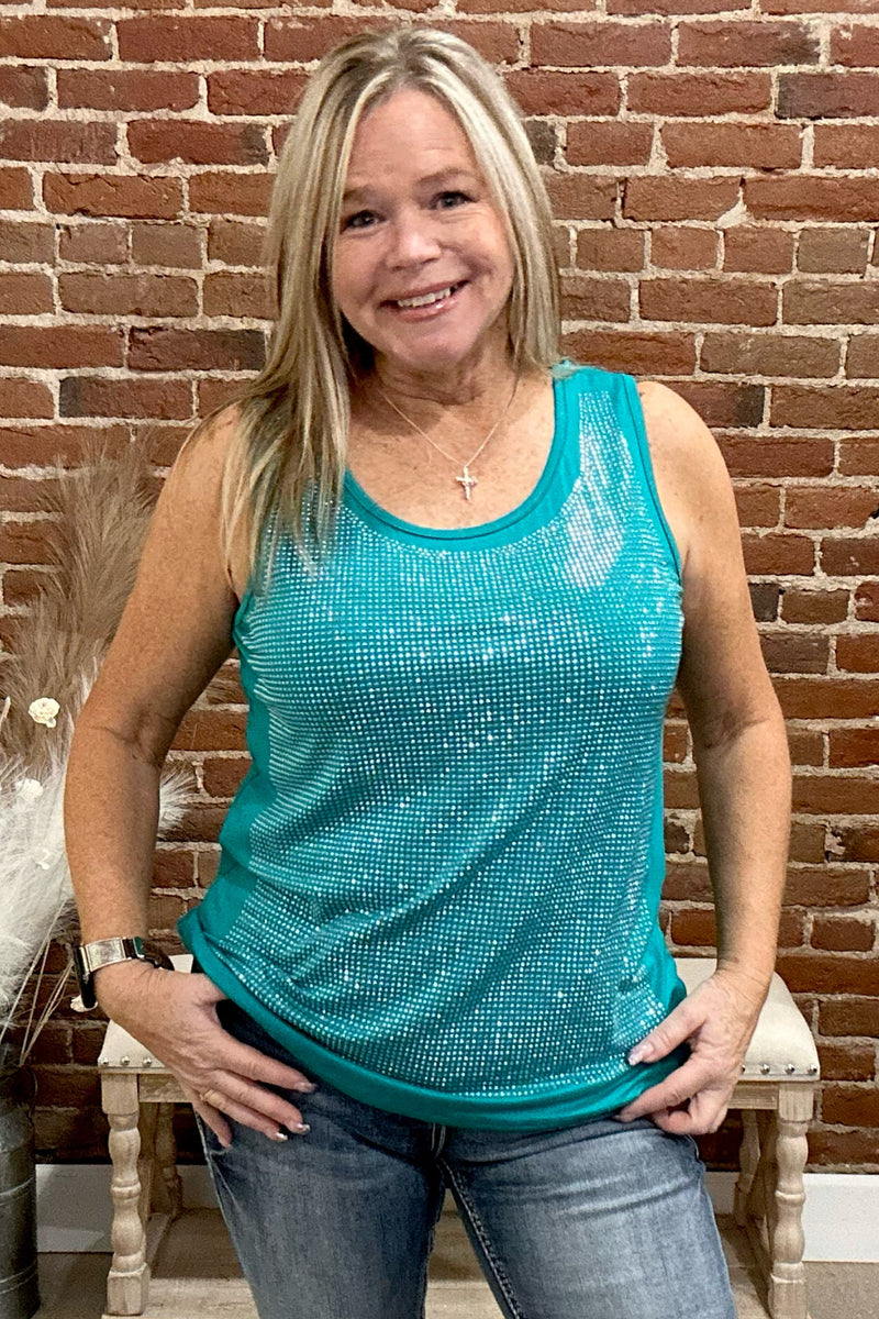 Jade Rhinestone Sleeveless Top-top-Vocal-Gallop 'n Glitz- Women's Western Wear Boutique, Located in Grants Pass, Oregon