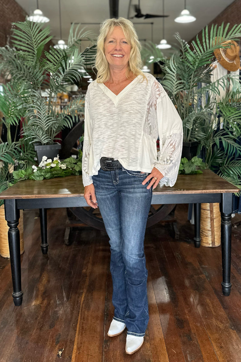 V- Neck Flare Sleeve Lace Detail Ivory Top by POL-top-POL-Gallop 'n Glitz- Women's Western Wear Boutique, Located in Grants Pass, Oregon