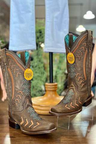 Corral Women's Arrow Inlay Embroidered Studded Square Toe Boot-Women's Boot-Corral Boots-Gallop 'n Glitz- Women's Western Wear Boutique, Located in Grants Pass, Oregon