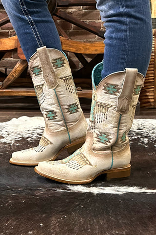 Ladies White w/Brown & Turquoise Embroidery Square Toe by Corral Boots-Women's Boot-Corral Boots-Gallop 'n Glitz- Women's Western Wear Boutique, Located in Grants Pass, Oregon