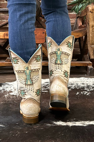 Ladies White w/Brown & Turquoise Embroidery Square Toe by Corral Boots-Women's Boot-Corral Boots-Gallop 'n Glitz- Women's Western Wear Boutique, Located in Grants Pass, Oregon