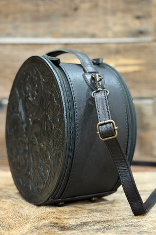 Black Leather Floral Tooled Canteen Bag