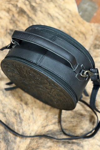 Black Leather Floral Tooled Canteen Bag
