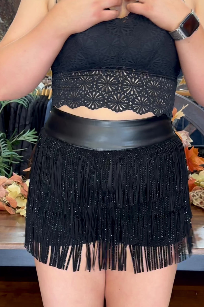 Black Sparkle Tiered Fringe Mini Skort