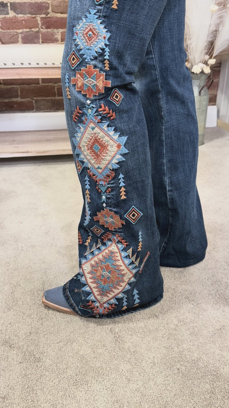Grace in LA High Rise Embroidered Aztec Flare Jean