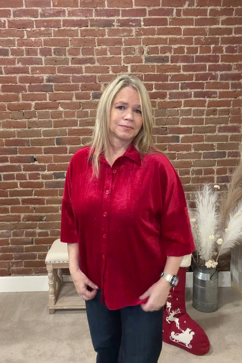 Prim Button Up Red Velvet Top