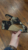 CARLEY By Corkys Black Tan Brocade Floral Wedge