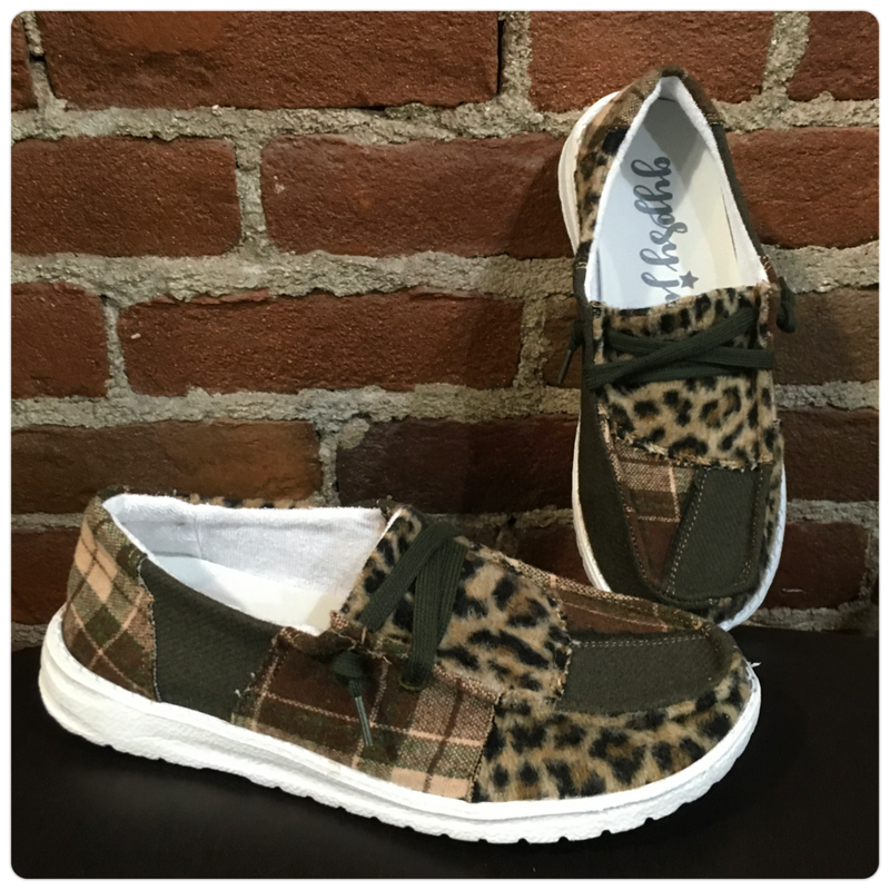 Sale Gypsy Jazz Khaki Leopard Patchwork Shoe-Ladies Shoe-Gypsy Jazz-Gallop 'n Glitz- Women's Western Wear Boutique, Located in Grants Pass, Oregon