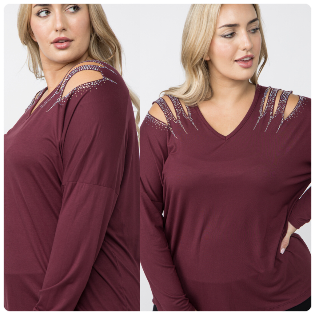 Vocal Plus Size Long Sleeve Top w/Stone Design-top-Vocal-Gallop 'n Glitz- Women's Western Wear Boutique, Located in Grants Pass, Oregon