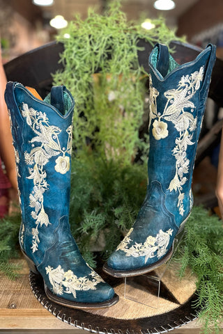 Floral & Navy Blue Snip Toe Boot by Corral Boots-Women's Boot-Corral Boots-Gallop 'n Glitz- Women's Western Wear Boutique, Located in Grants Pass, Oregon