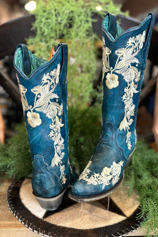 Floral & Navy Blue Snip Toe Boot by Corral Boots-Women's Boot-Corral Boots-Gallop 'n Glitz- Women's Western Wear Boutique, Located in Grants Pass, Oregon