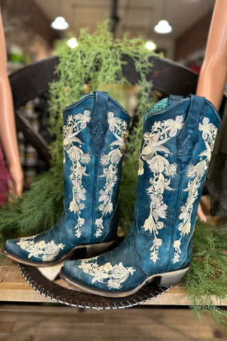 Floral & Navy Blue Snip Toe Boot by Corral Boots-Women's Boot-Corral Boots-Gallop 'n Glitz- Women's Western Wear Boutique, Located in Grants Pass, Oregon