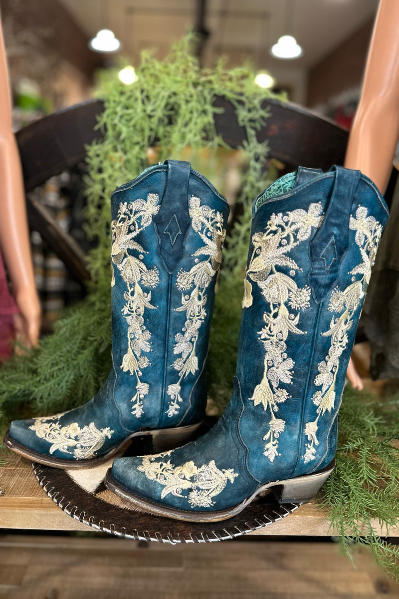 Floral & Navy Blue Snip Toe Boot by Corral Boots-Women's Boot-Corral Boots-Gallop 'n Glitz- Women's Western Wear Boutique, Located in Grants Pass, Oregon