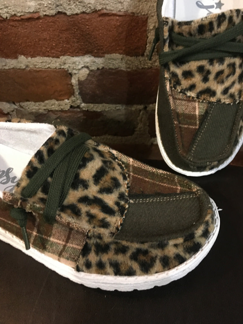 Sale Gypsy Jazz Khaki Leopard Patchwork Shoe-Ladies Shoe-Gypsy Jazz-Gallop 'n Glitz- Women's Western Wear Boutique, Located in Grants Pass, Oregon